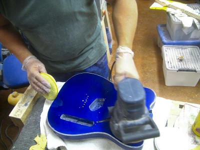 Having sanded the lacquer smooth I polished it with Farécla G3 paste compound and G10 finishing compound, 3 times with both makes 6 times. The flat surfaces could be buffed with a sponge buffer attached to a random orbital sander.